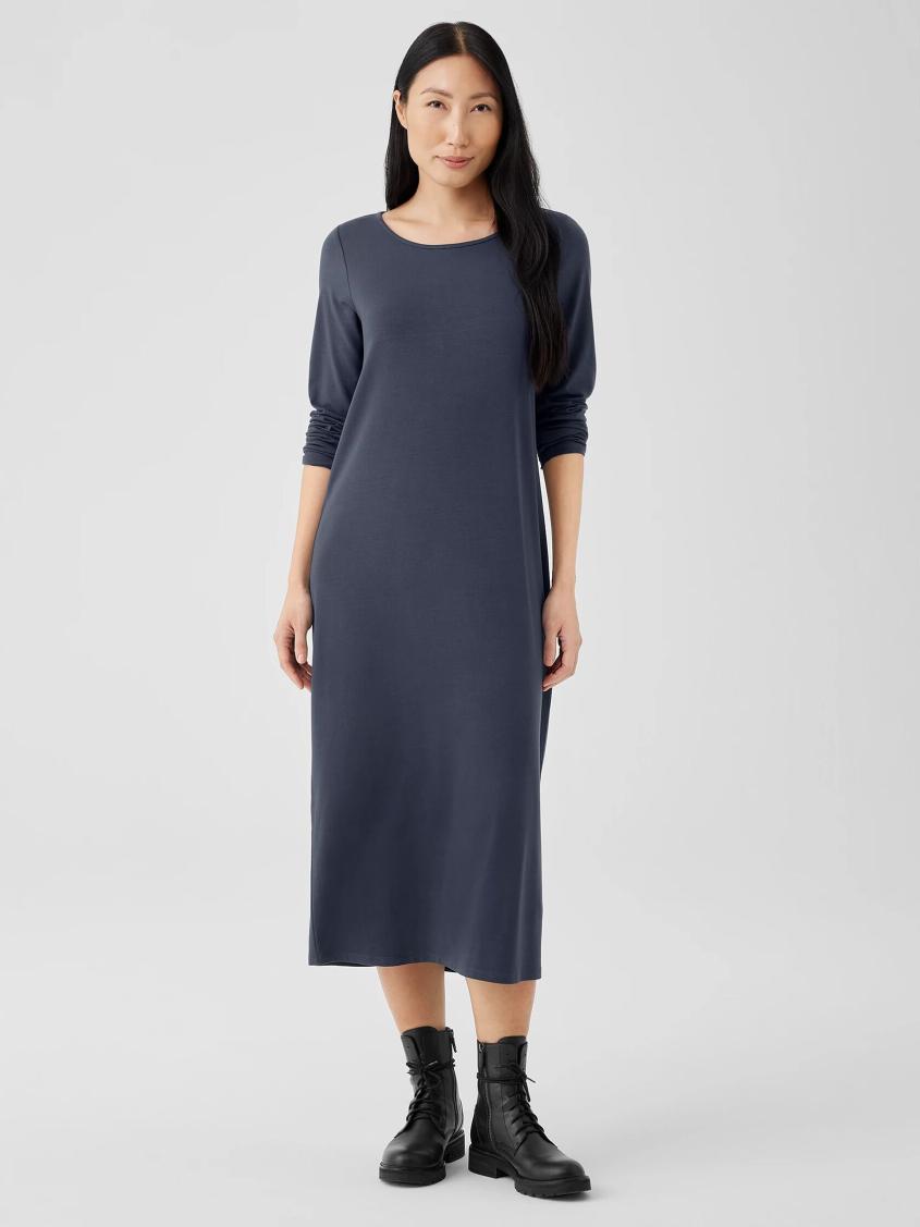 Eileen Fisher Dresses & Skirts | Stretch Jersey Knit Jewel Neck Dress Ocean - Women