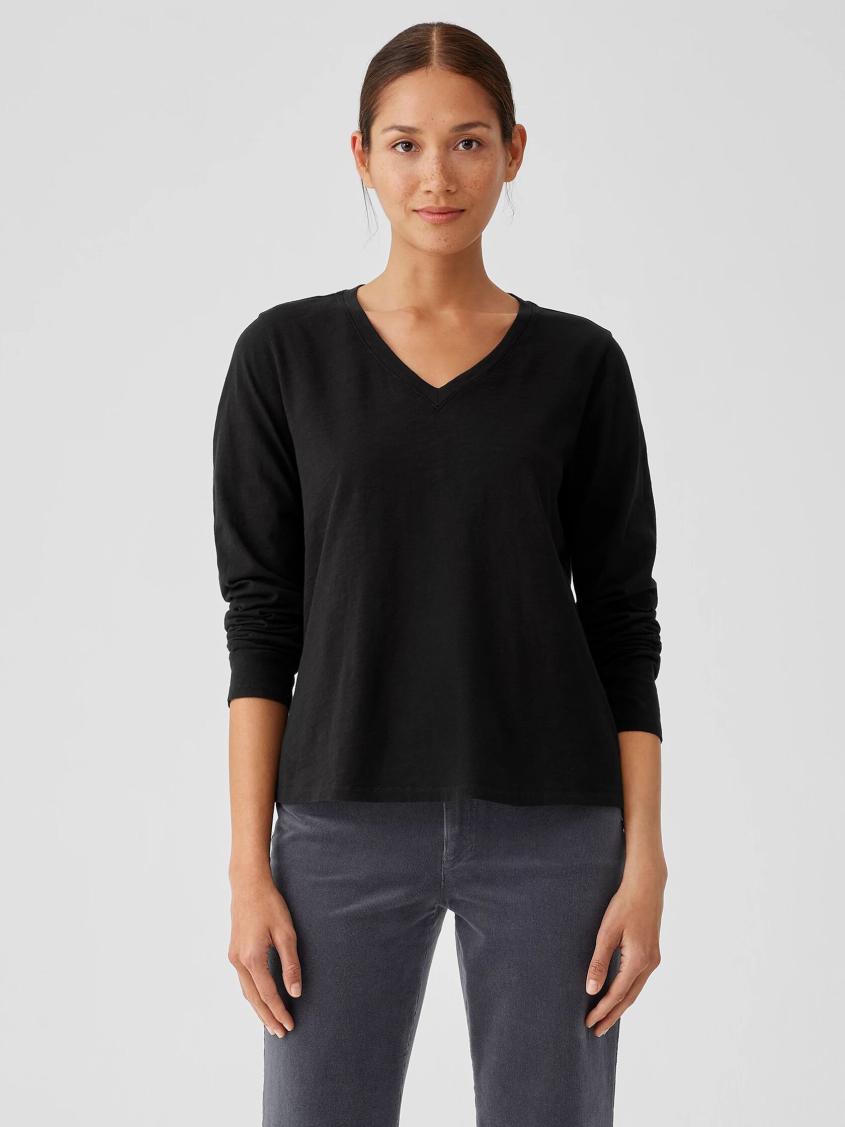 Eileen Fisher Tops & Tees | Organic Cotton Slub V-Neck Top Black - Women