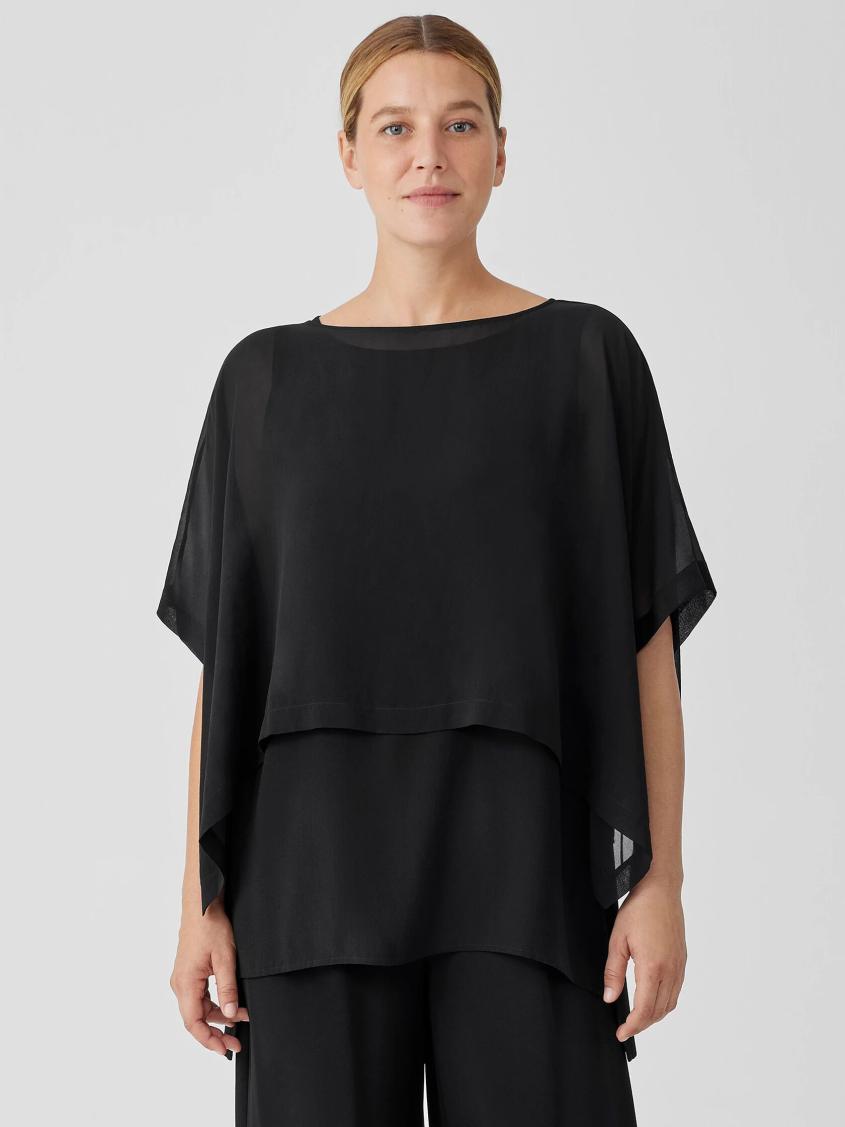 Eileen Fisher Tops & Tees | Sheer Silk Georgette Poncho Black - Women