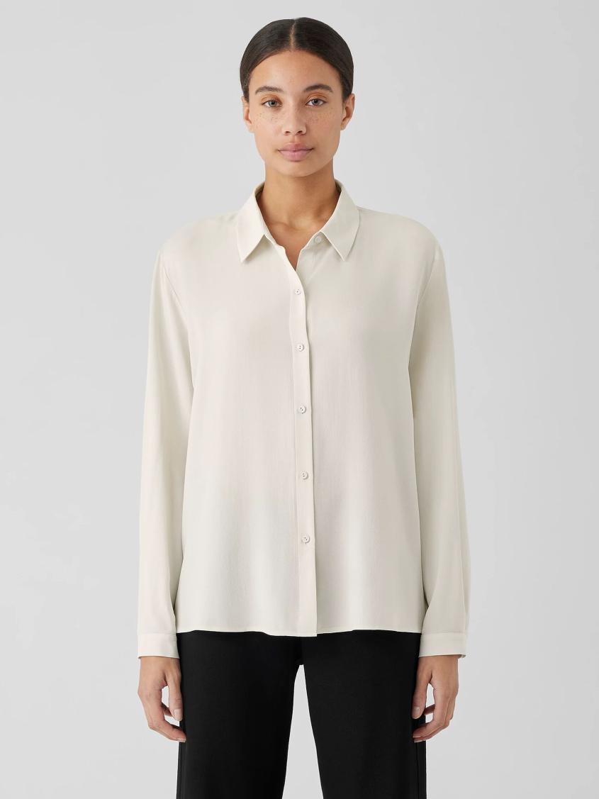 Eileen Fisher Tops & Tees | Silk Georgette Crepe Classic Collar Shirt Bone - Women