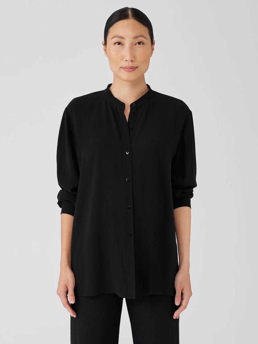Eileen Fisher Tops & Tees | Silk Georgette Crepe Mandarin Collar Shirt Black - Women