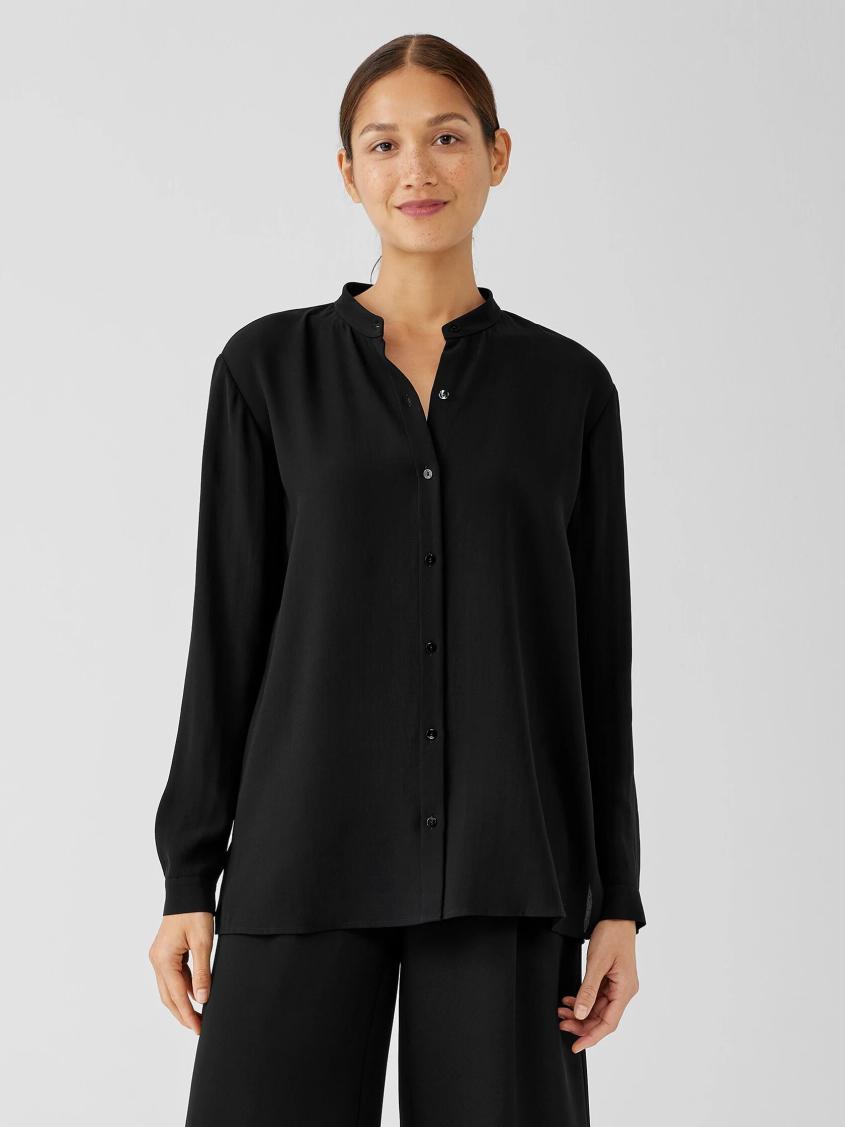 Eileen Fisher Tops & Tees | Silk Georgette Crepe Mandarin Collar Shirt Black - Women