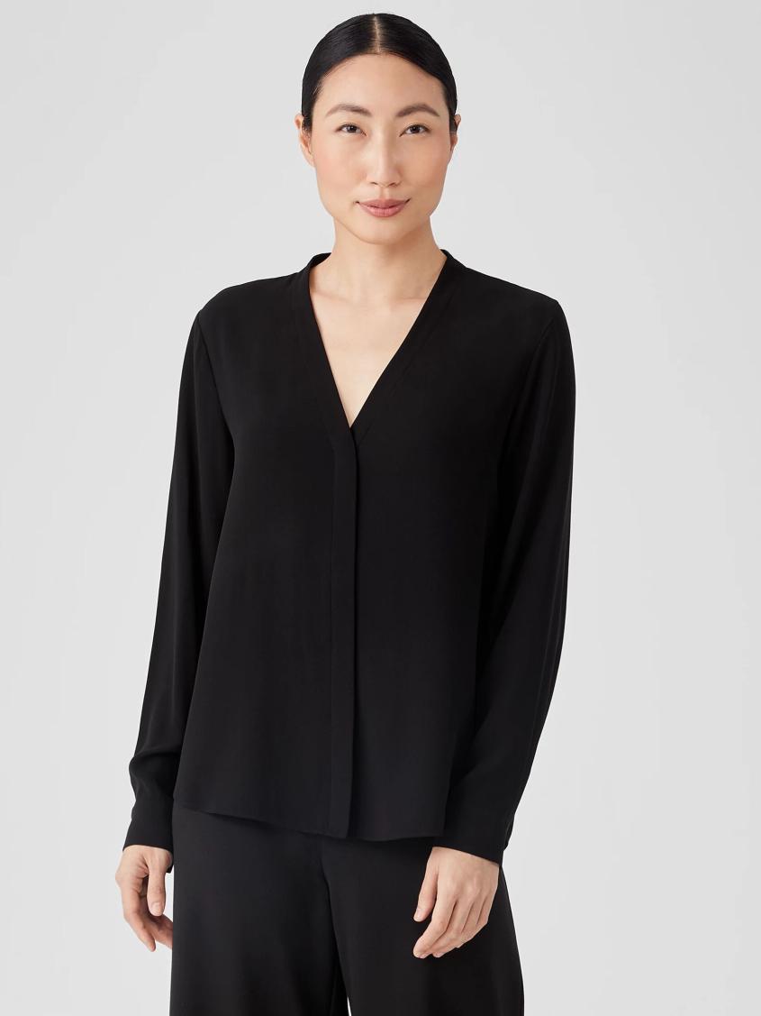Eileen Fisher Tops & Tees | Silk Georgette Crepe V-Neck Shirt Black - Women