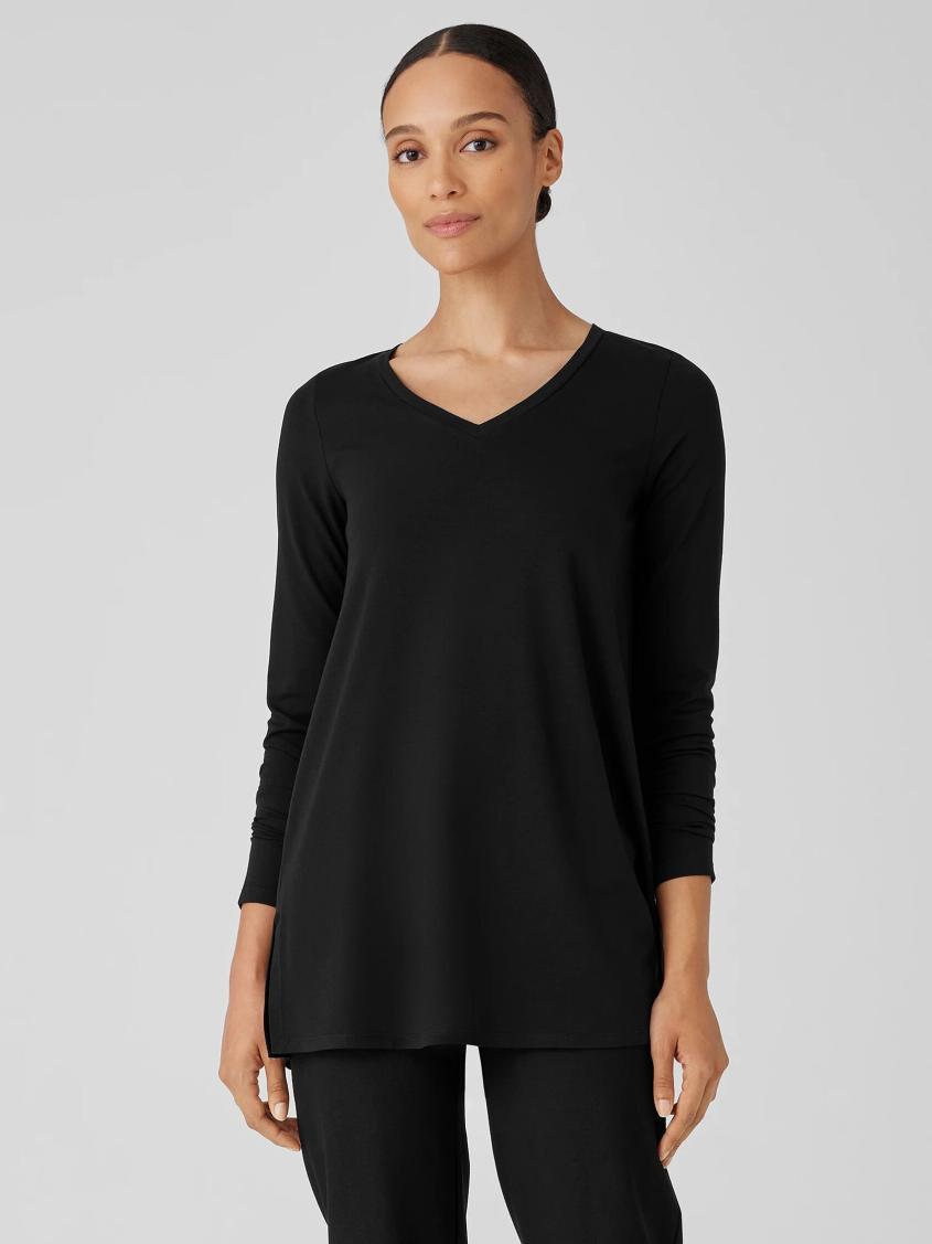 Eileen Fisher Tops & Tees | Stretch Jersey Knit V-Neck Long Top Black - Women