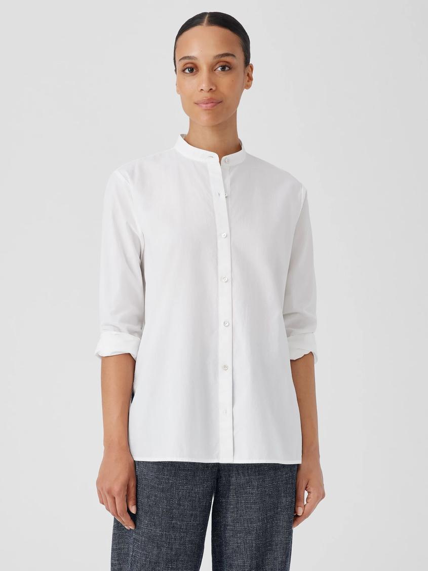 Eileen Fisher Tops & Tees | Washed Organic Cotton Poplin Band Collar Shirt White - Women