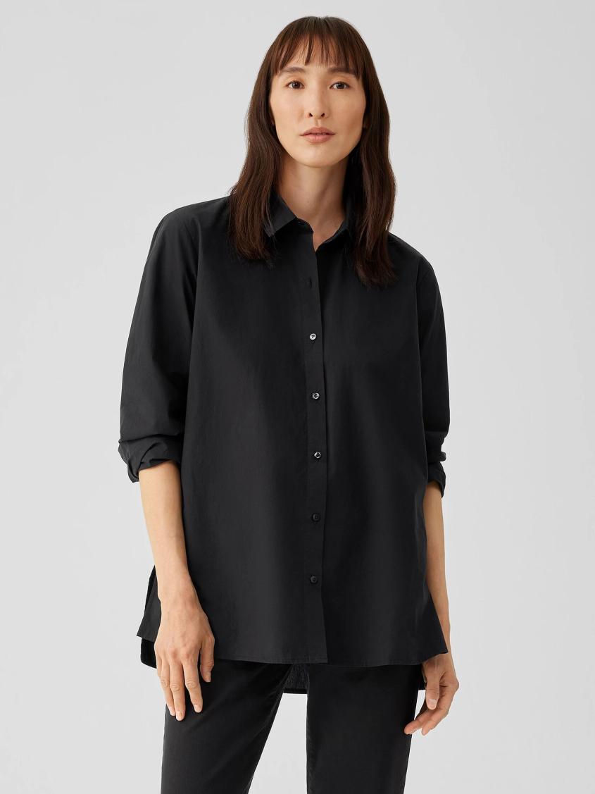 Eileen Fisher Tops & Tees | Washed Organic Cotton Poplin Classic Collar Shirt Black - Women