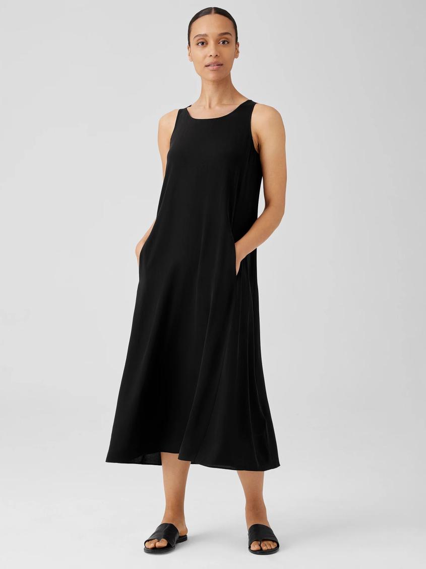 Eileen Fisher Dresses &amp; Skirts | Silk Georgette Crepe Scoop Neck Dress Black - Women