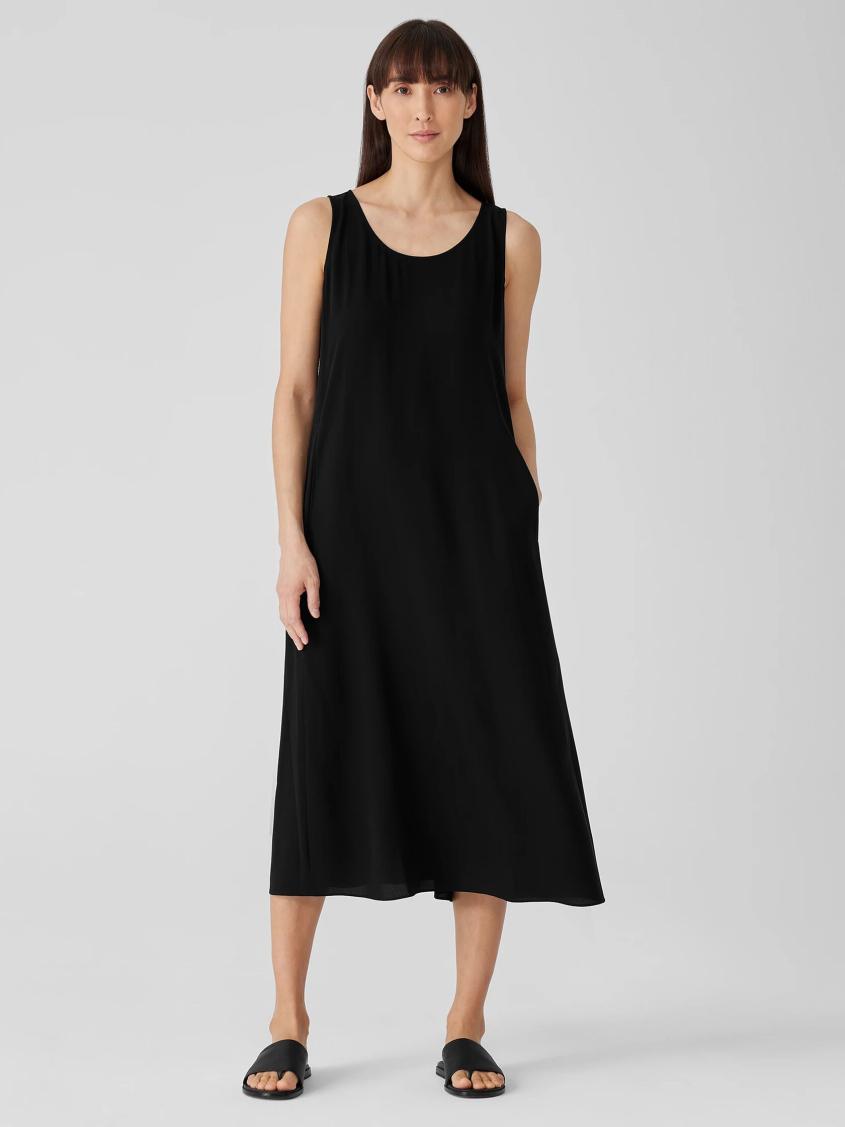 Eileen Fisher Dresses &amp; Skirts | Silk Georgette Crepe Scoop Neck Dress Black - Women