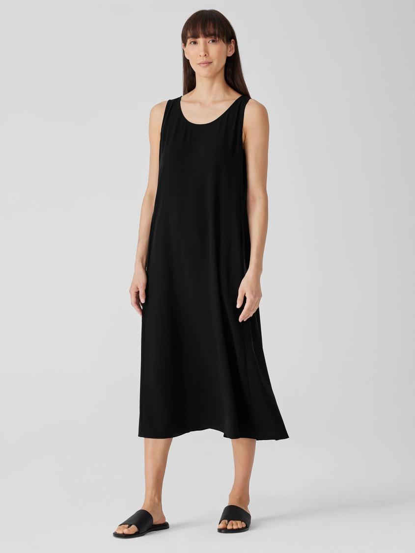 Eileen Fisher Dresses &amp; Skirts | Silk Georgette Crepe Scoop Neck Dress Black - Women