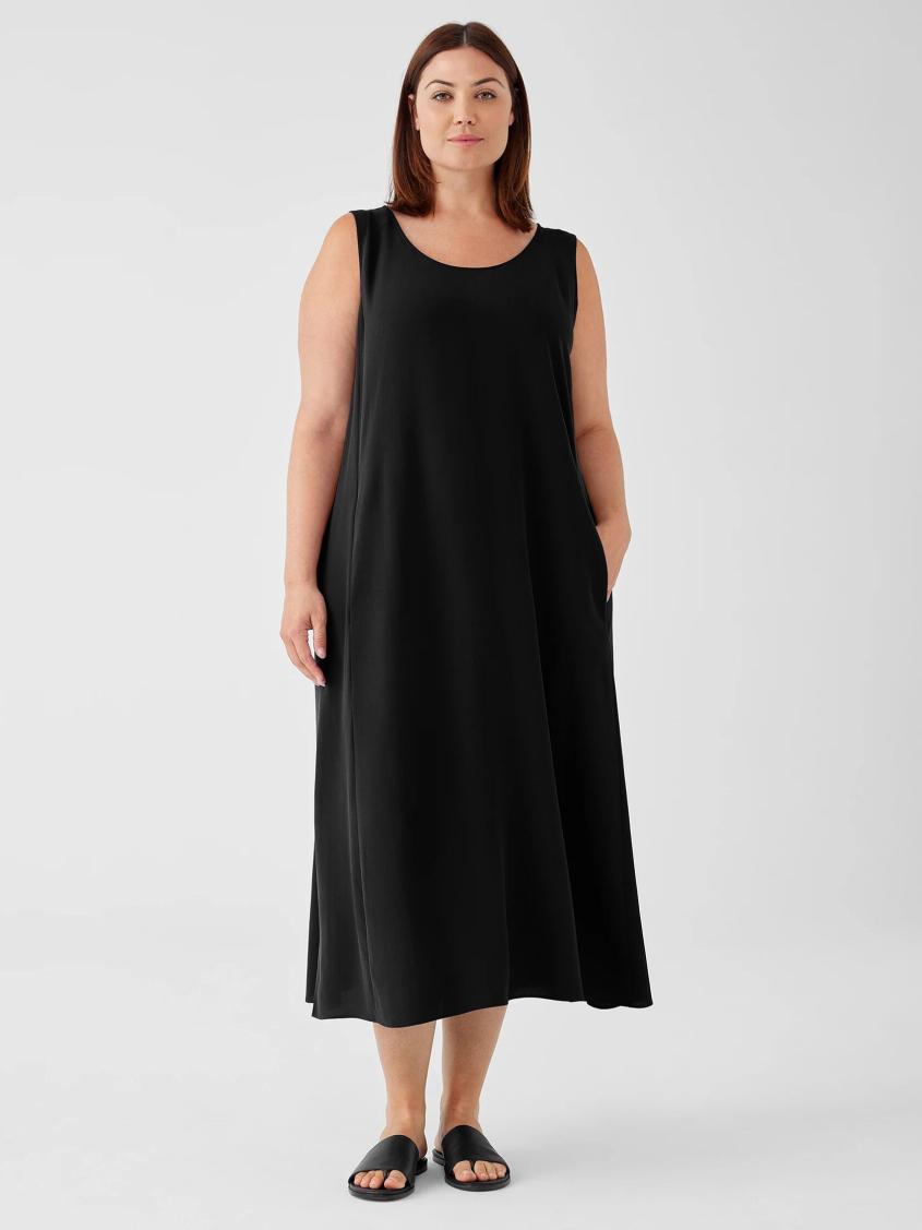 Eileen Fisher Dresses &amp; Skirts | Silk Georgette Crepe Scoop Neck Dress Black - Women