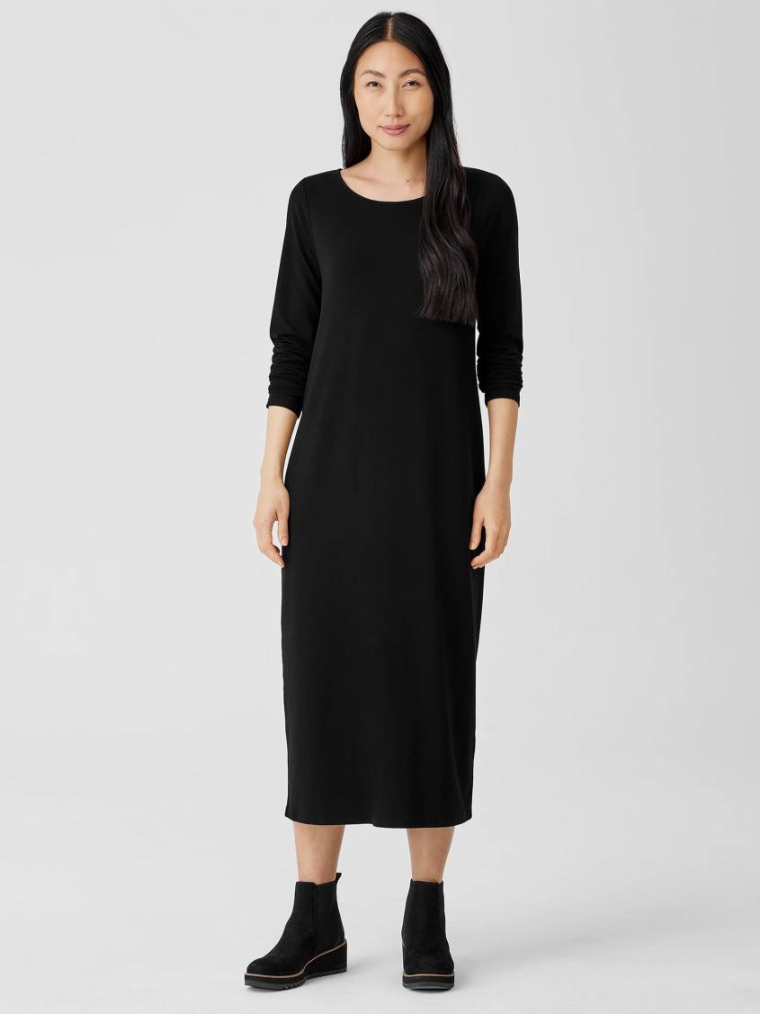 Eileen Fisher Dresses &amp; Skirts | Stretch Jersey Knit Jewel Neck Dress Black - Women