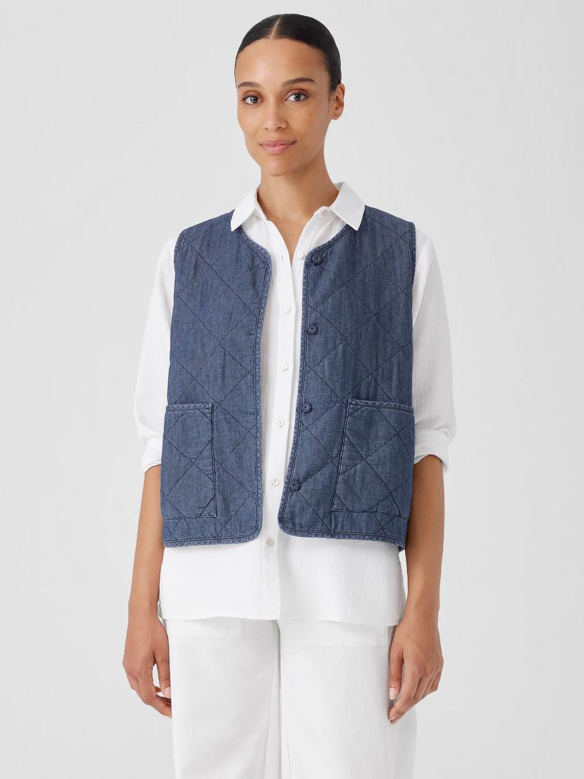 Eileen Fisher Jackets, Coats &amp; Vests | Airy Organic Cotton Twill Quilted Vest Denim - Women
