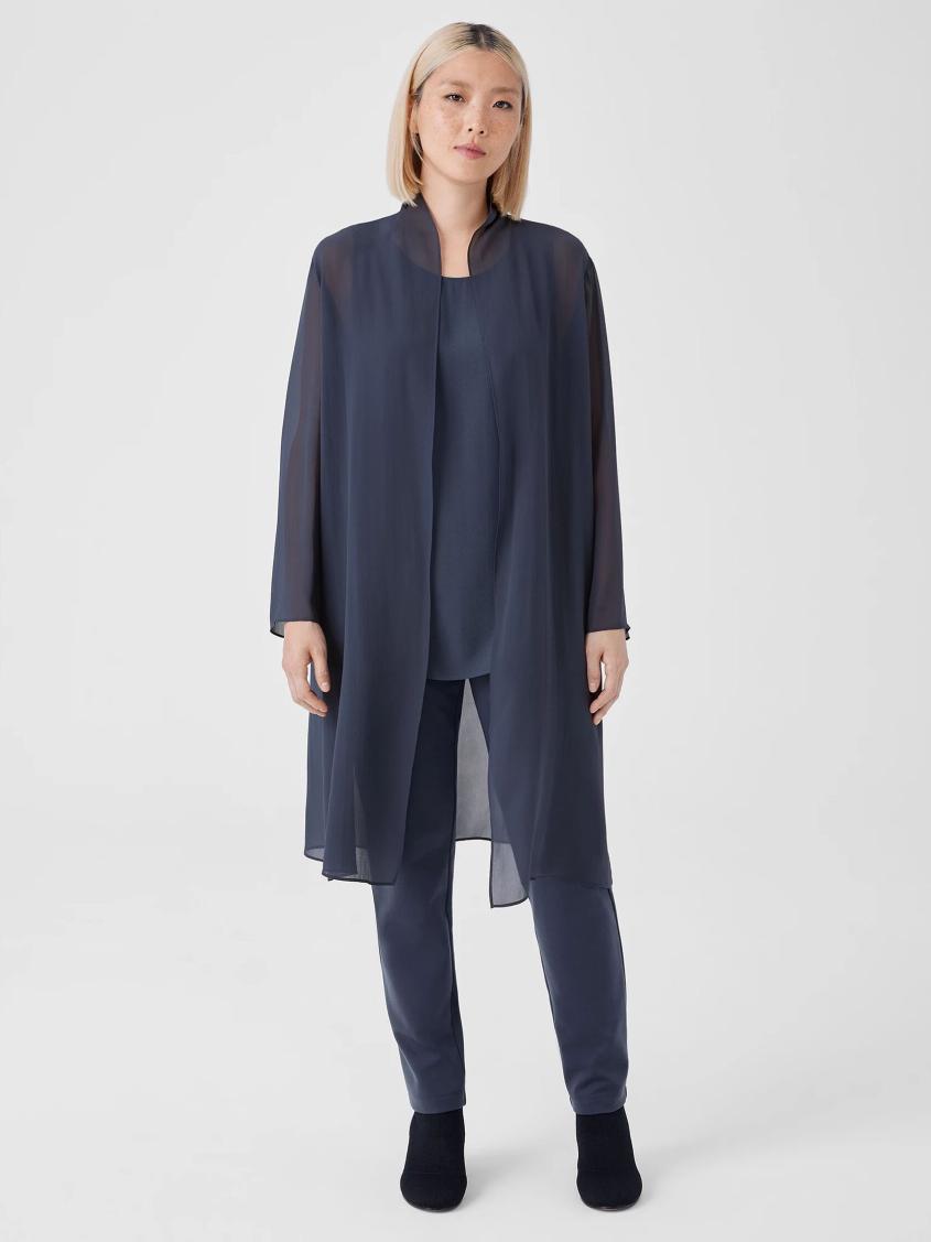 Eileen Fisher Jackets, Coats &amp; Vests | Sheer Silk Georgette High Collar Jacket Ocean - Women