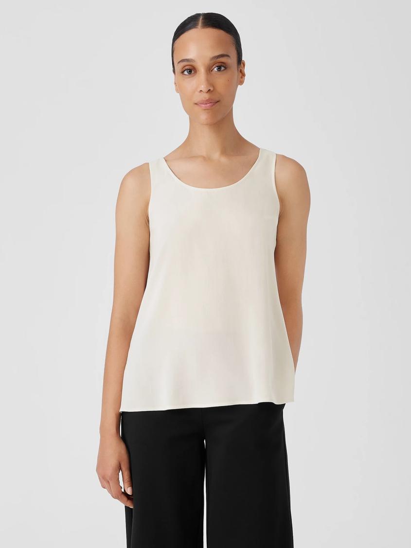 Eileen Fisher Petite | Silk Georgette Crepe Scoop Neck Tank Bone - Women