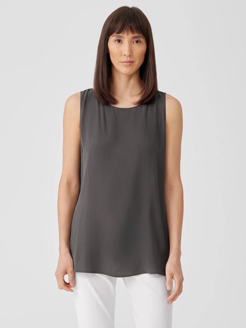 Eileen Fisher Tanks &amp; Camis | Silk Georgette Crepe Ballet Neck Long Tank Grove - Women