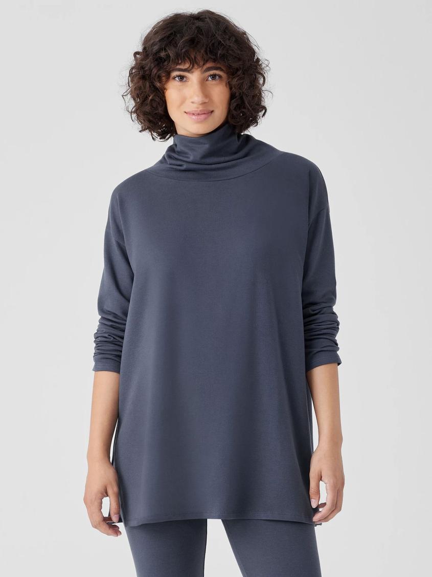 Eileen Fisher Tops &amp; Tees | Cozy Brushed Terry Hug Funnel Neck Long Top Ocean - Women