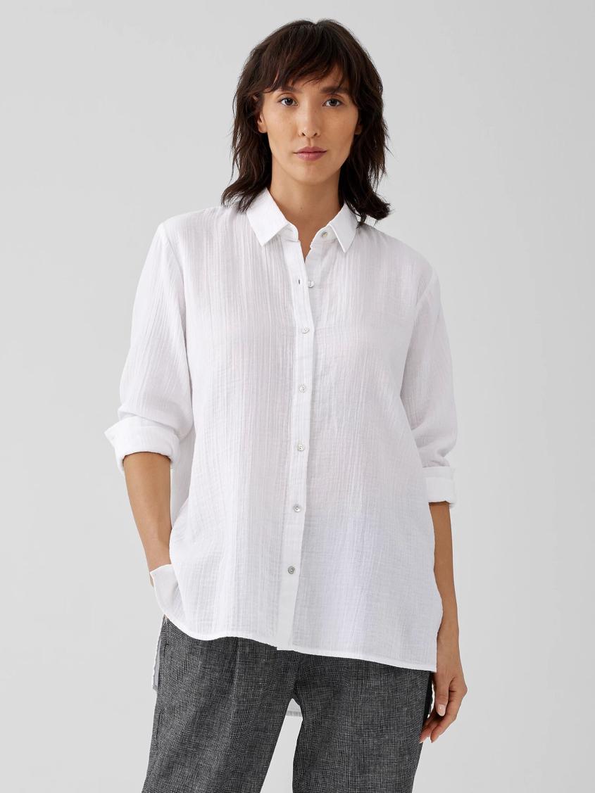 Eileen Fisher Tops &amp; Tees | Organic Cotton Ripple Classic Collar Shirt White - Women