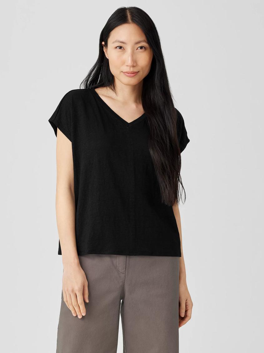 Eileen Fisher Tops &amp; Tees | Organic Linen Jersey V-Neck Tee Black - Women