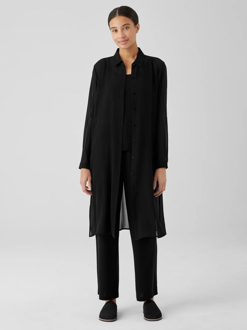 Eileen Fisher Tops &amp; Tees | Sheer Silk Georgette Classic Collar Long Shirt Black - Women