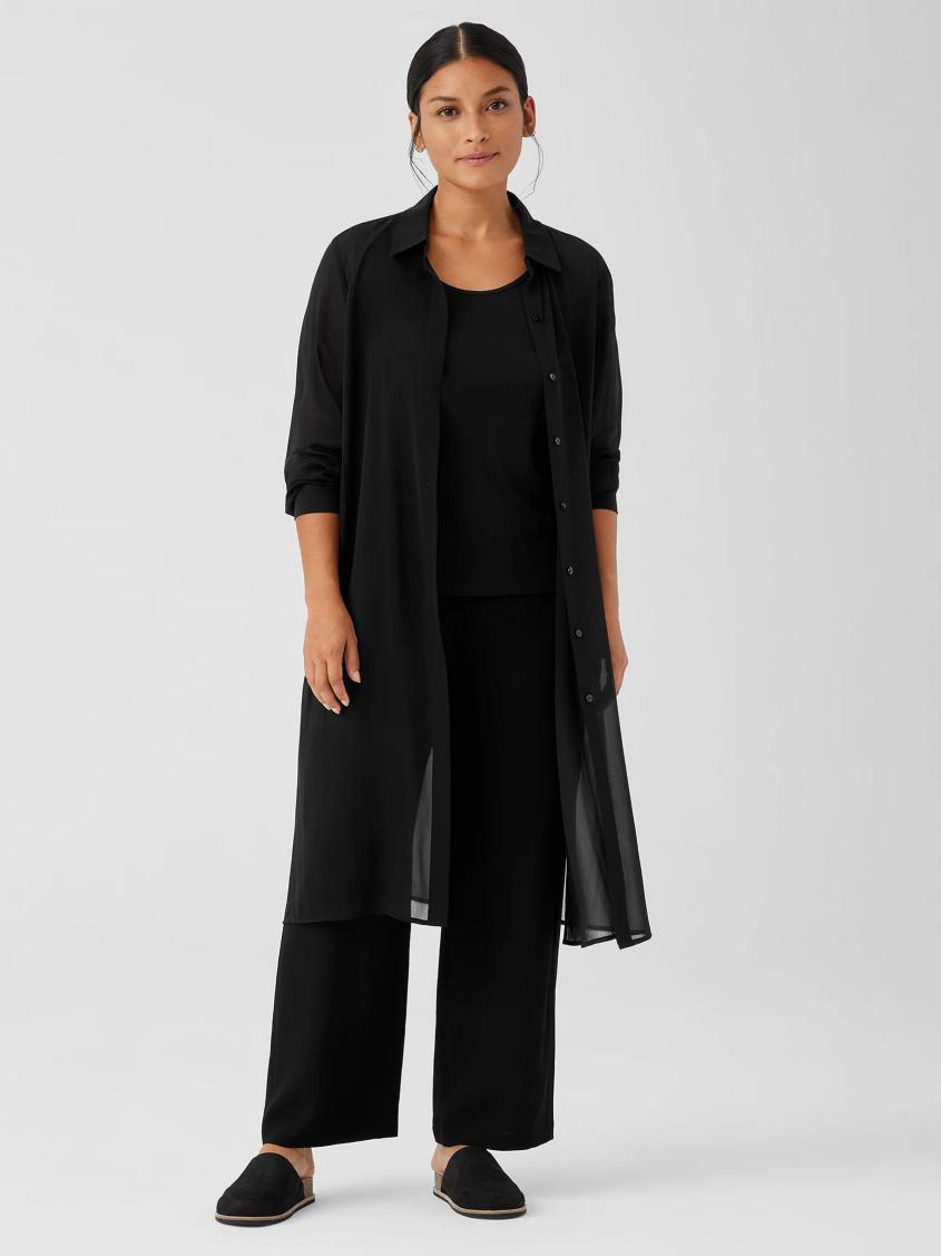Eileen Fisher Tops &amp; Tees | Sheer Silk Georgette Classic Collar Long Shirt Black - Women