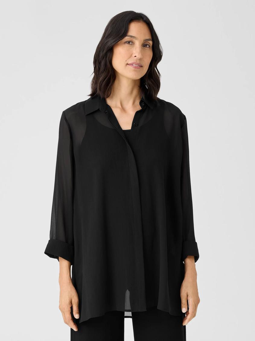 Eileen Fisher Tops &amp; Tees | Sheer Silk Georgette Classic Collar Shirt Black - Women