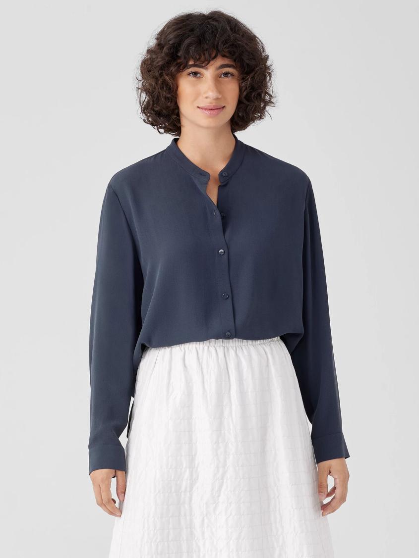 Eileen Fisher Tops &amp; Tees | Silk Georgette Crepe Band Collar Shirt Ocean - Women