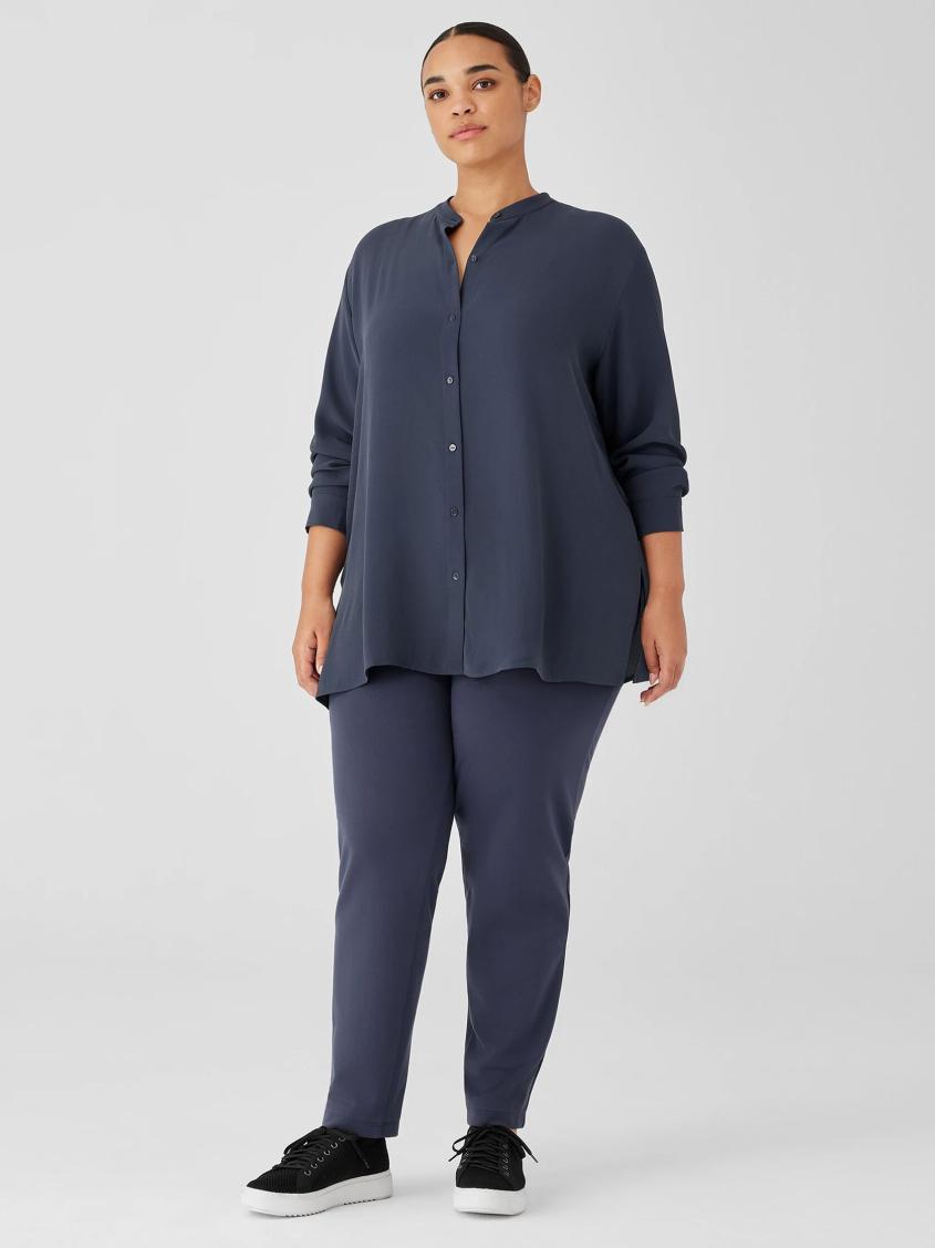 Eileen Fisher Tops &amp; Tees | Silk Georgette Crepe Band Collar Shirt Ocean - Women