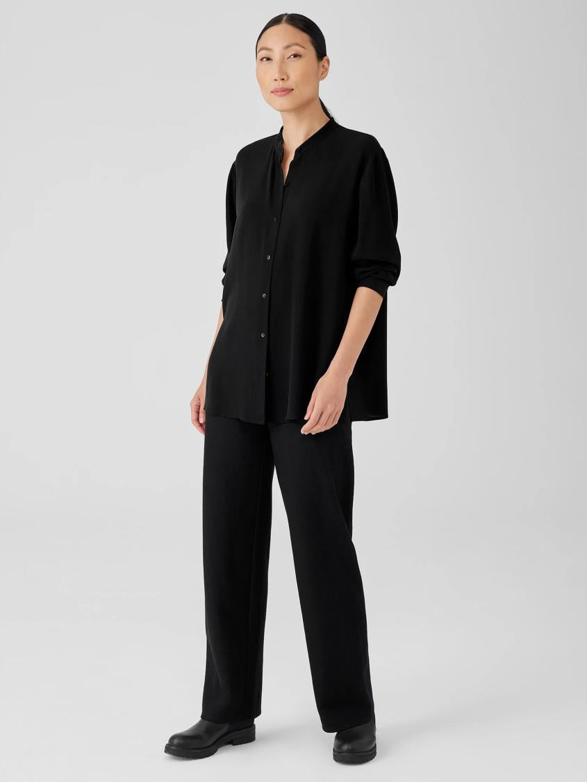 Eileen Fisher Tops &amp; Tees | Silk Georgette Crepe Mandarin Collar Shirt Black - Women
