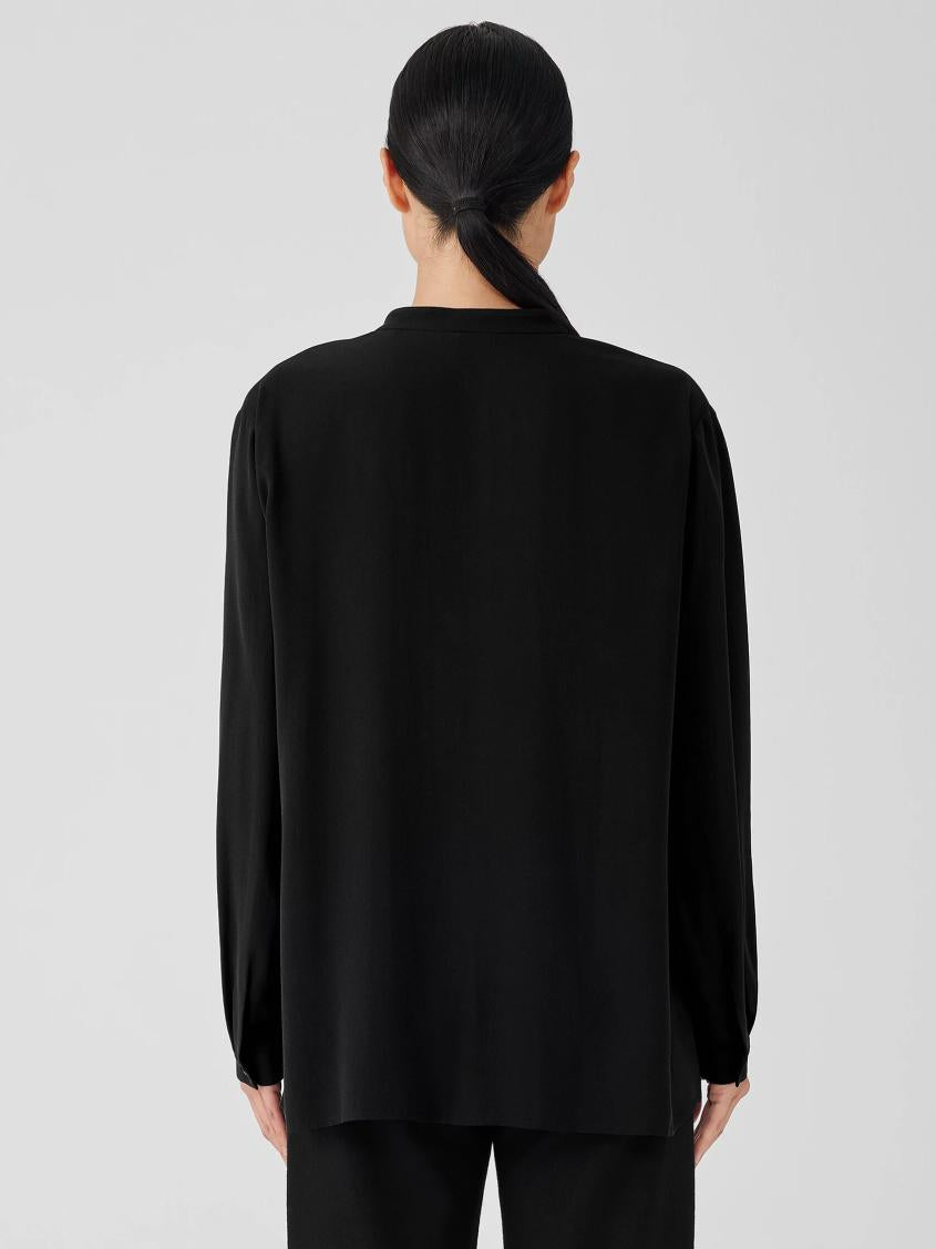 Eileen Fisher Tops &amp; Tees | Silk Georgette Crepe Mandarin Collar Shirt Black - Women