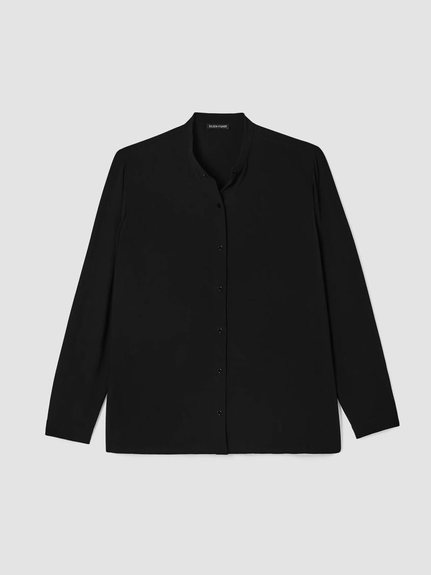 Eileen Fisher Tops &amp; Tees | Silk Georgette Crepe Mandarin Collar Shirt Black - Women