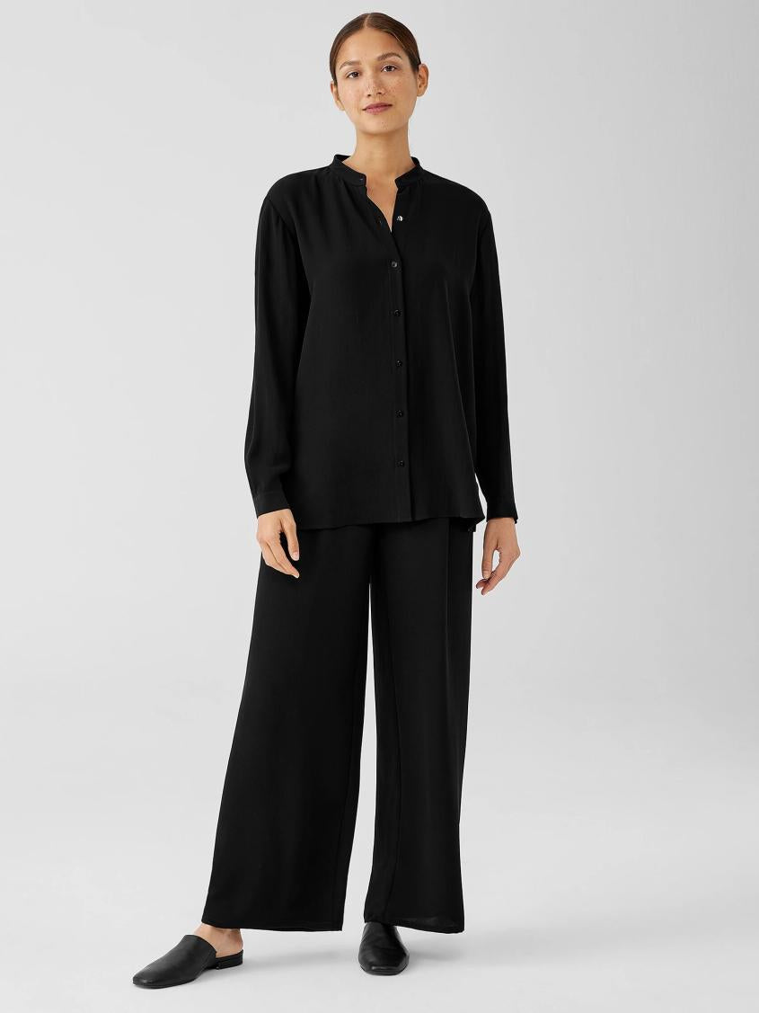 Eileen Fisher Tops &amp; Tees | Silk Georgette Crepe Mandarin Collar Shirt Black - Women
