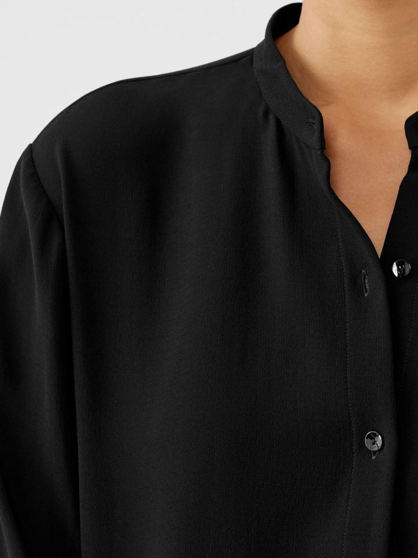 Eileen Fisher Tops &amp; Tees | Silk Georgette Crepe Mandarin Collar Shirt Black - Women