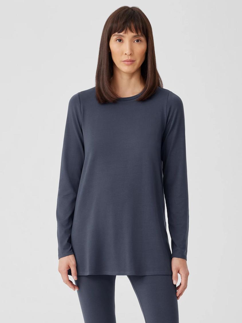 Eileen Fisher Tops &amp; Tees | Stretch Jersey Knit Crew Neck Long Top Ocean - Women