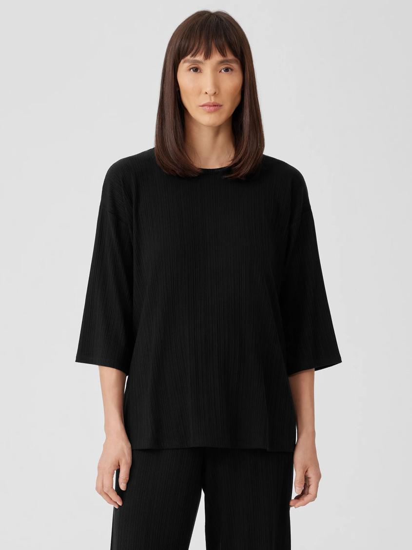 Eileen Fisher Tops &amp; Tees | Variegated Rib Knit Crew Neck Long Top Black - Women
