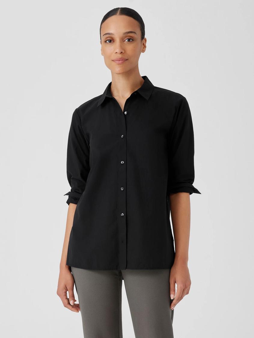 Eileen Fisher Tops &amp; Tees | Washed Organic Cotton Poplin Classic Collar Long Shirt Black - Women