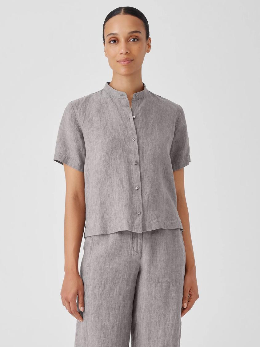 Eileen Fisher Tops &amp; Tees | Washed Organic Linen Délavé Band Collar Shirt Stone - Women