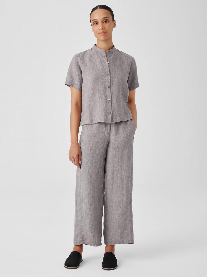 Eileen Fisher Tops &amp; Tees | Washed Organic Linen Délavé Band Collar Shirt Stone - Women