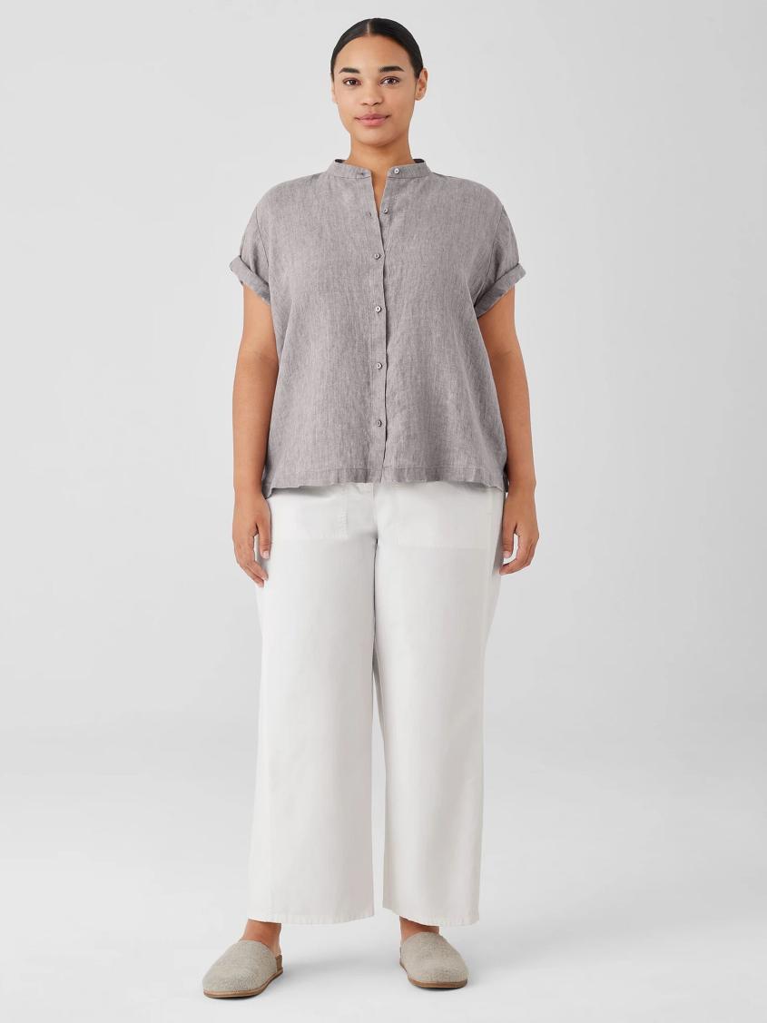 Eileen Fisher Tops &amp; Tees | Washed Organic Linen Délavé Band Collar Shirt Stone - Women